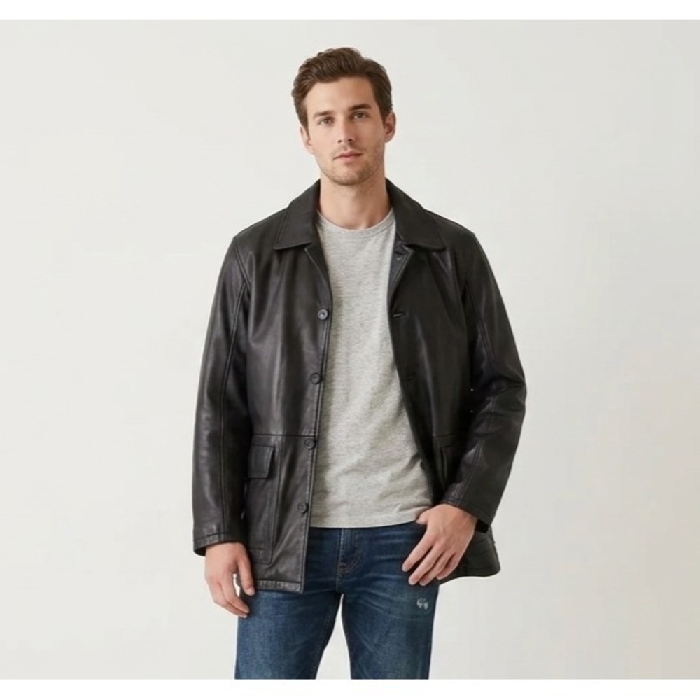 BUGATCHI Leather Jacket Mens Car Coat Luxury Removable Lining - Size L Black